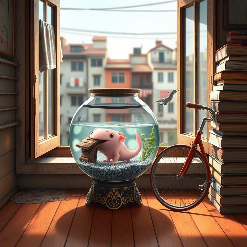 Whimsical Pink Axolotl Scene in a Vintage-Style Window Nook