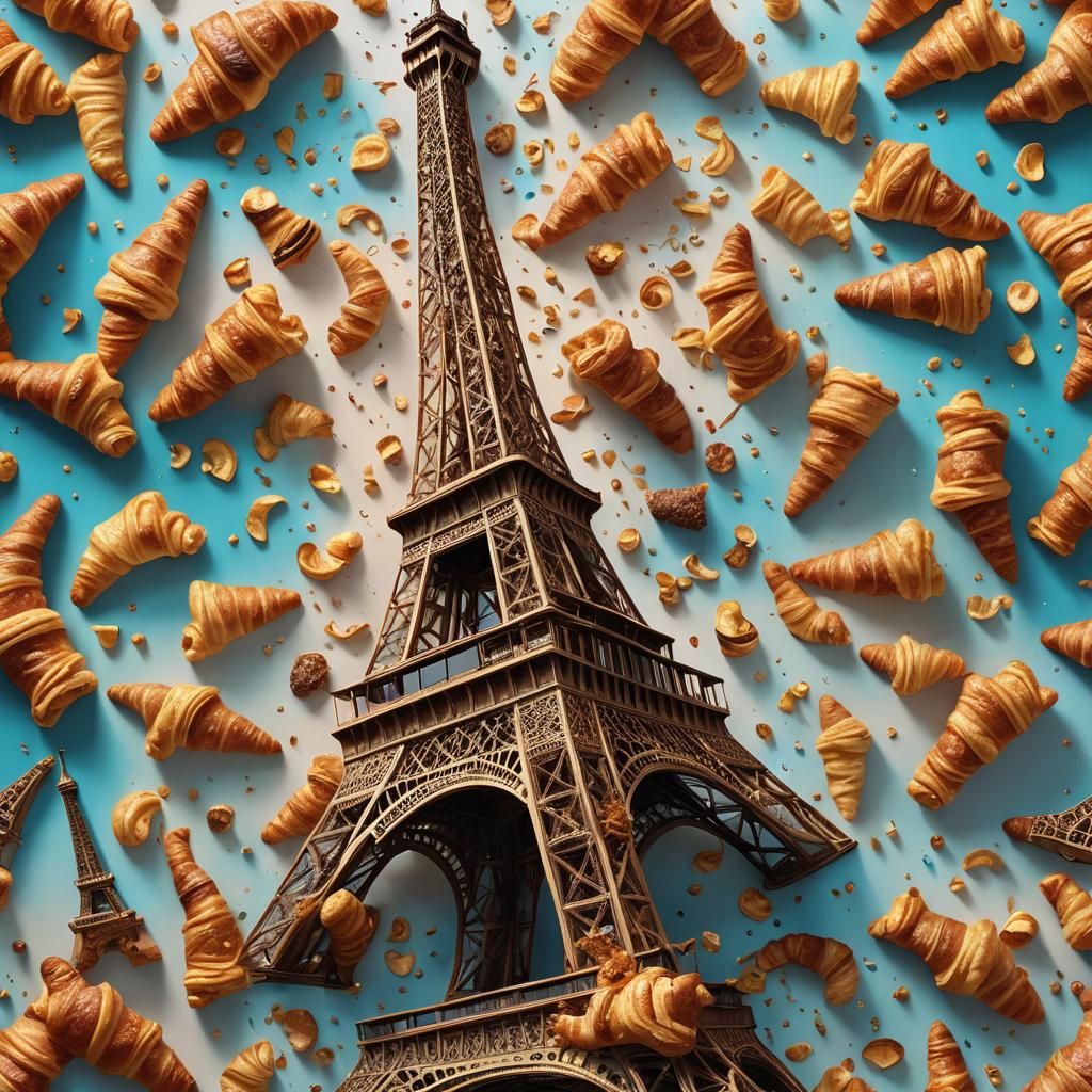 Eiffel Tower Made of Croissants: Hyperrealistic Splash Art