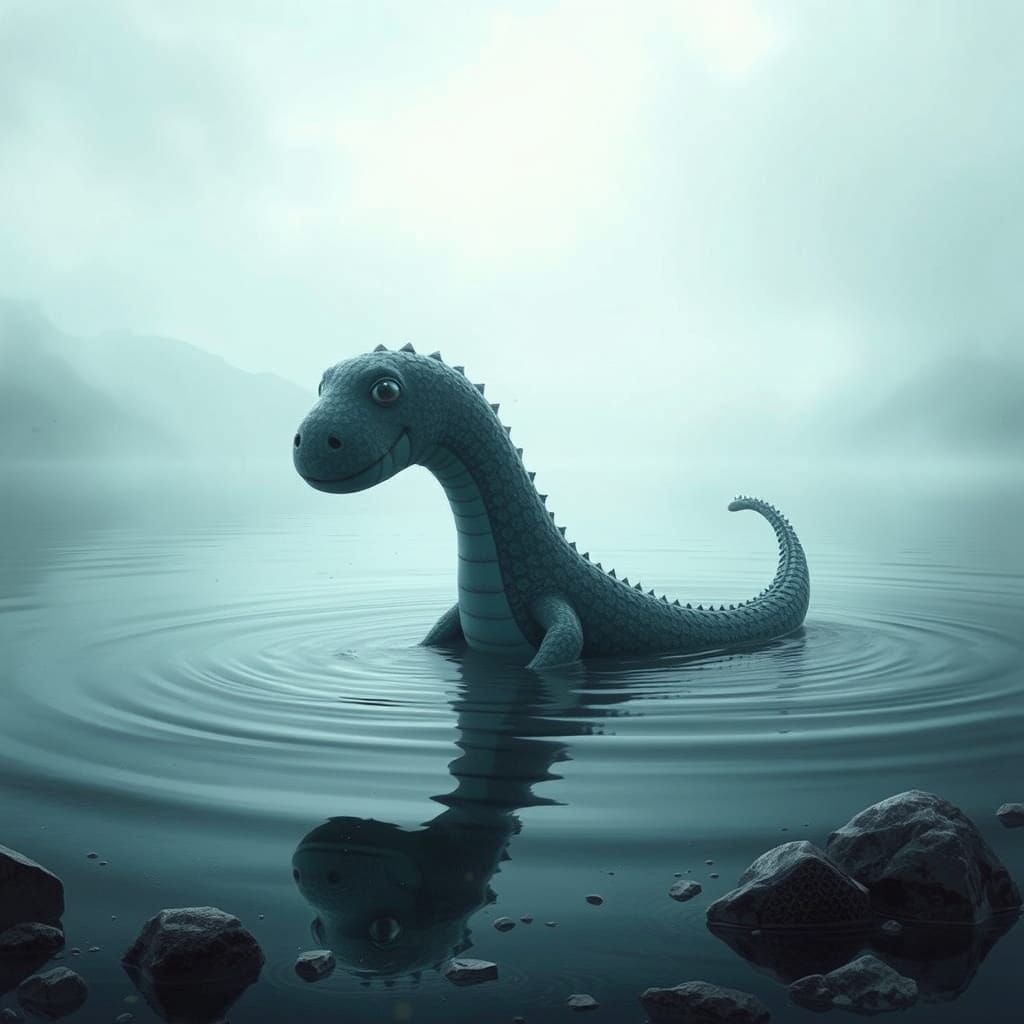 Loch Ness Monster and Youngsters in Hyperrealism