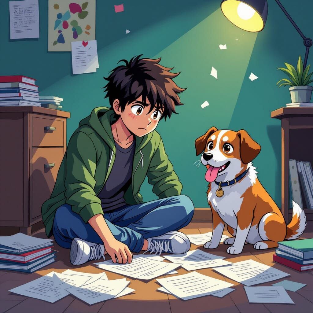 Frustrated Student with Guilty Dog in Manga Style