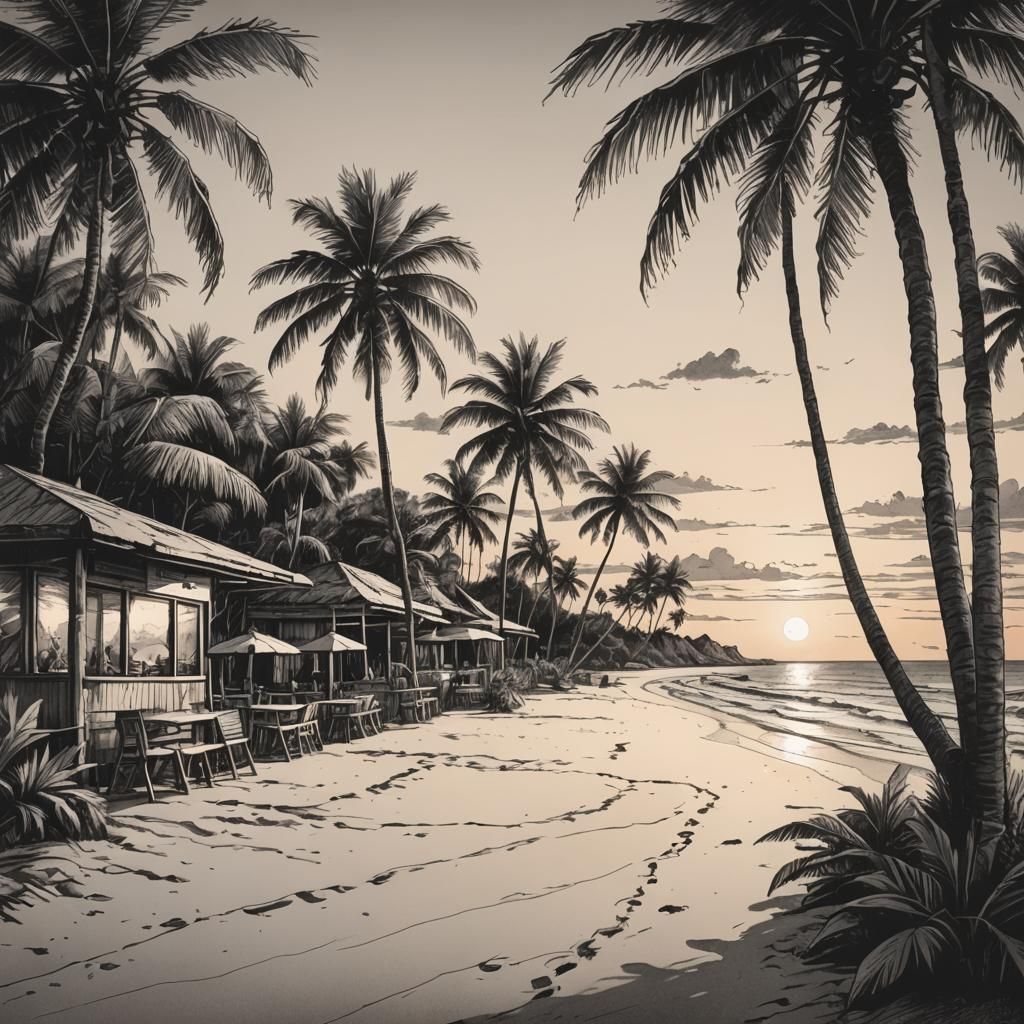 Monochrome Tropical Beach Sunset Ink Drawing