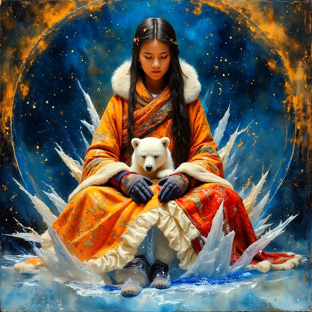 Tibetan Dakini in Traditional Attire with Polar Bear Cub