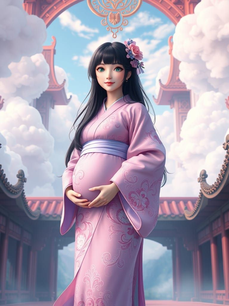Pregnant Woman in Kimono Anime Style