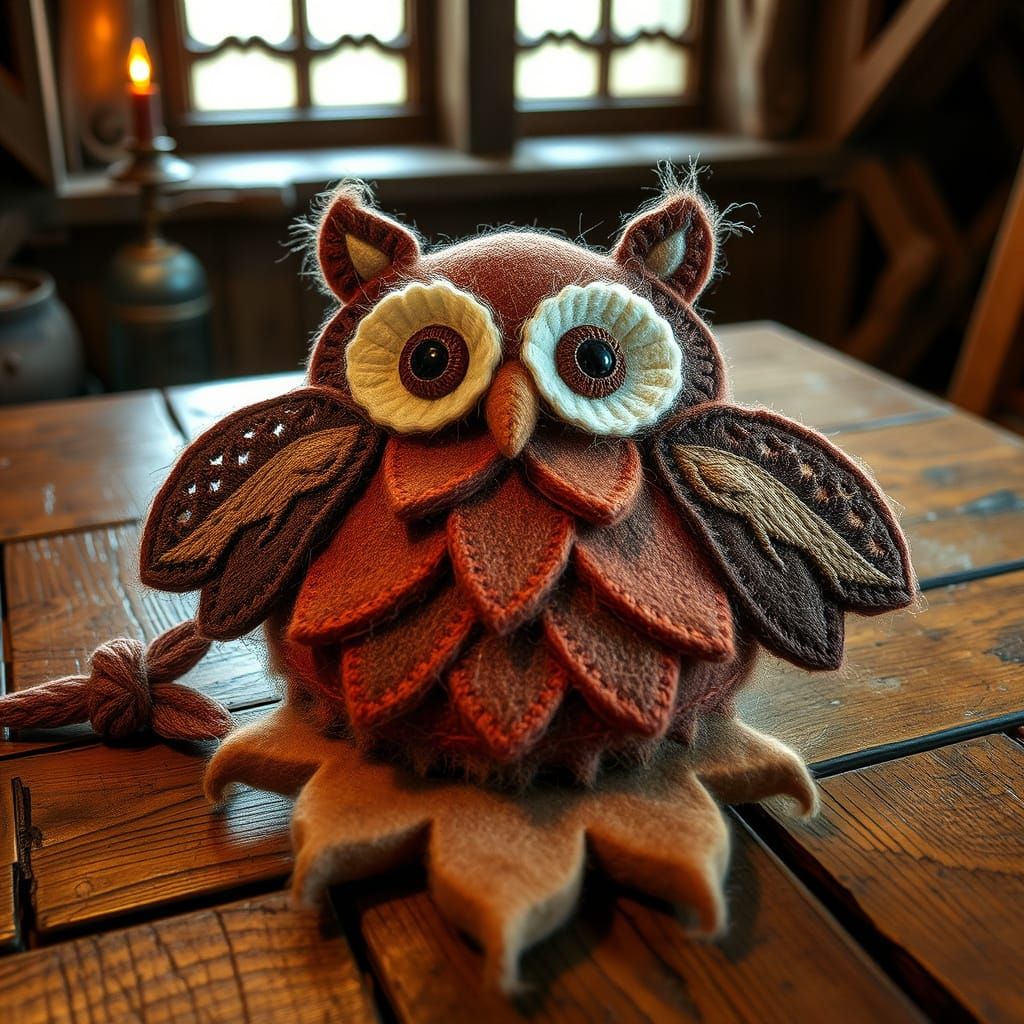 Felt Owlbear Figure on Medieval Table
