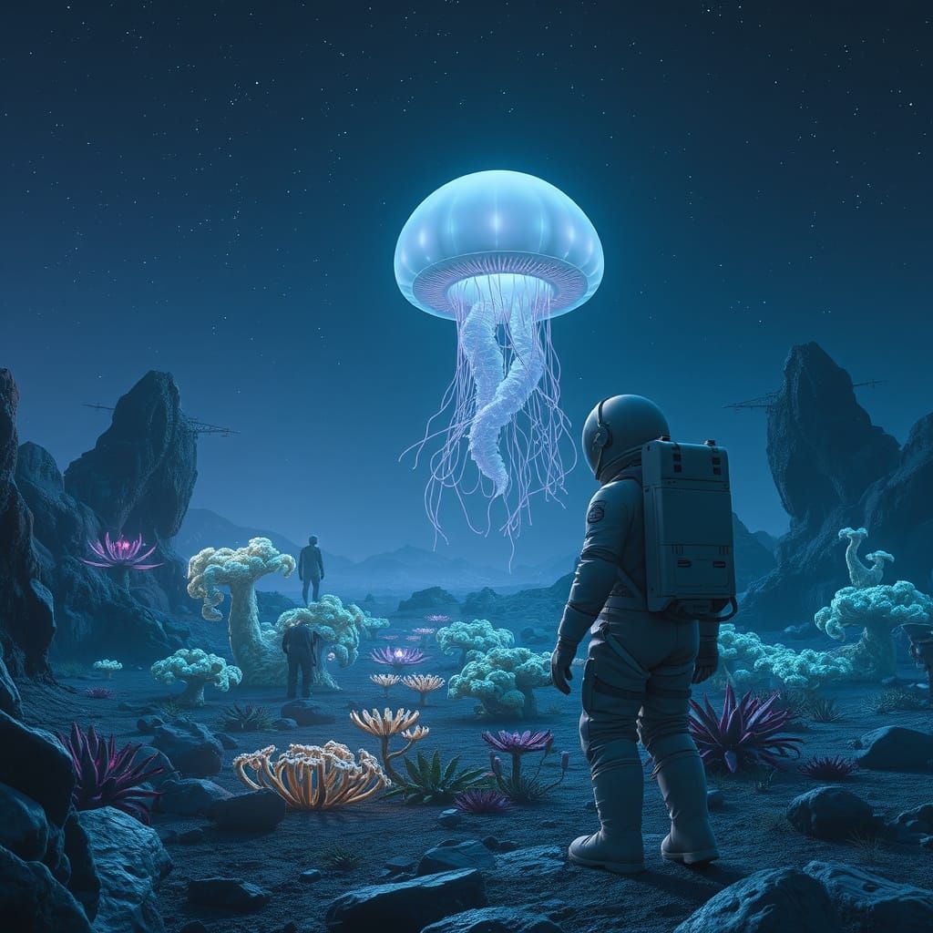 Astronaut Gazes at Bioluminescent Jellyfish in Alien Landsca...
