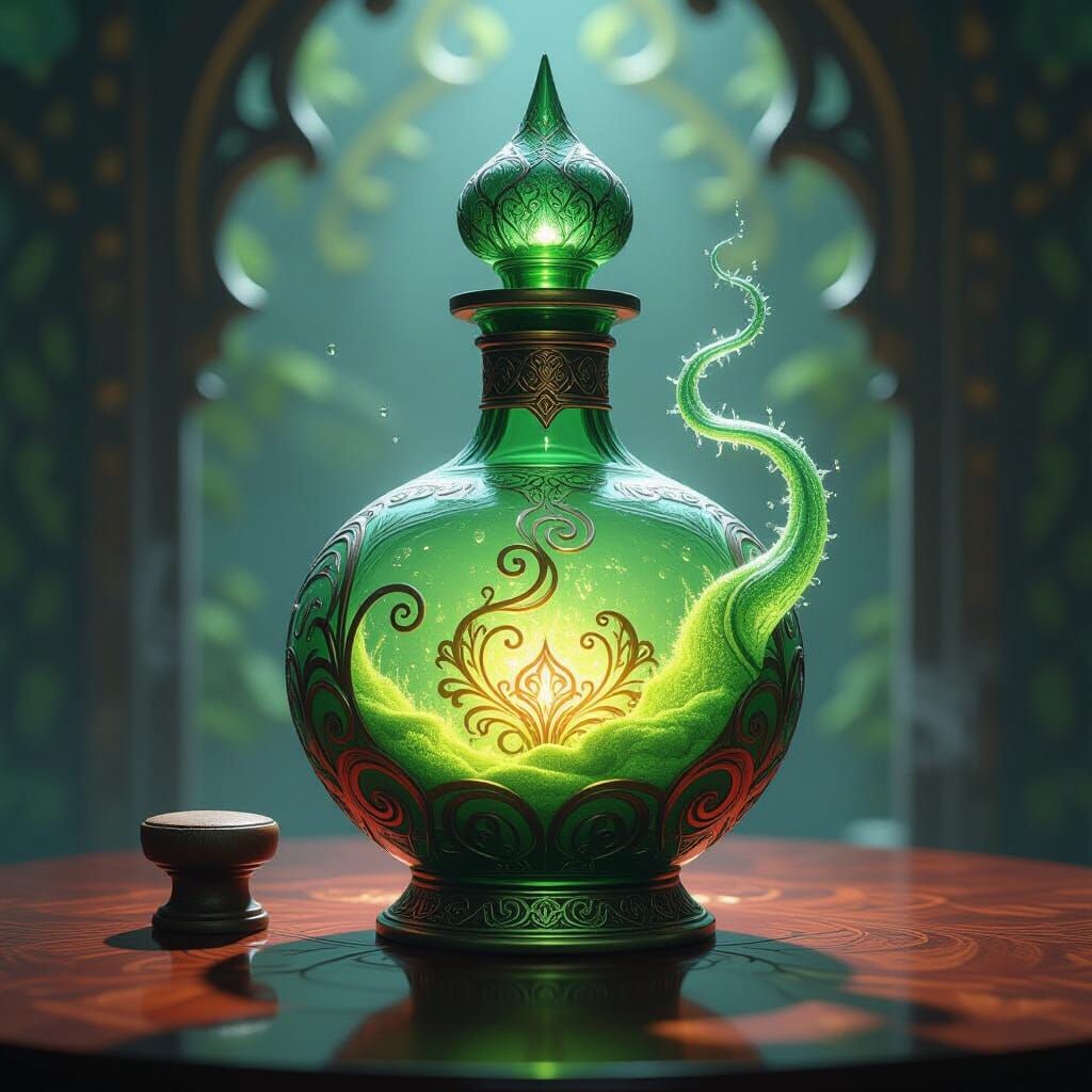 Green Genie Emerges from Ornate Bottle