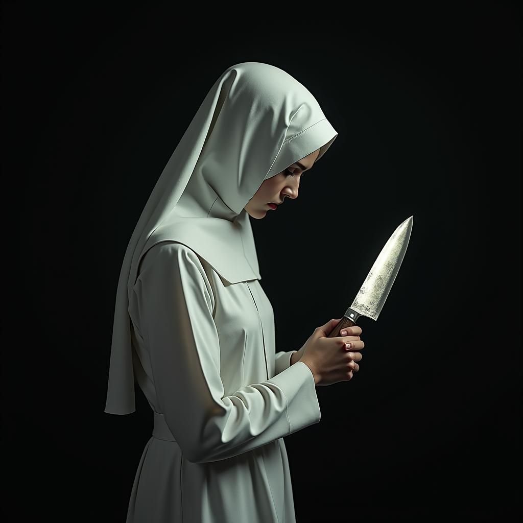 Nun with Knife in Dramatic Lighting