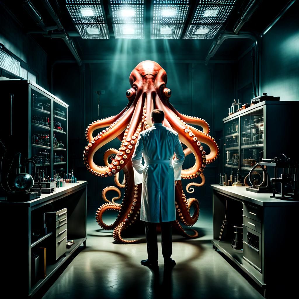Frightened Scientist Escaping Alien Octopus in Laboratory