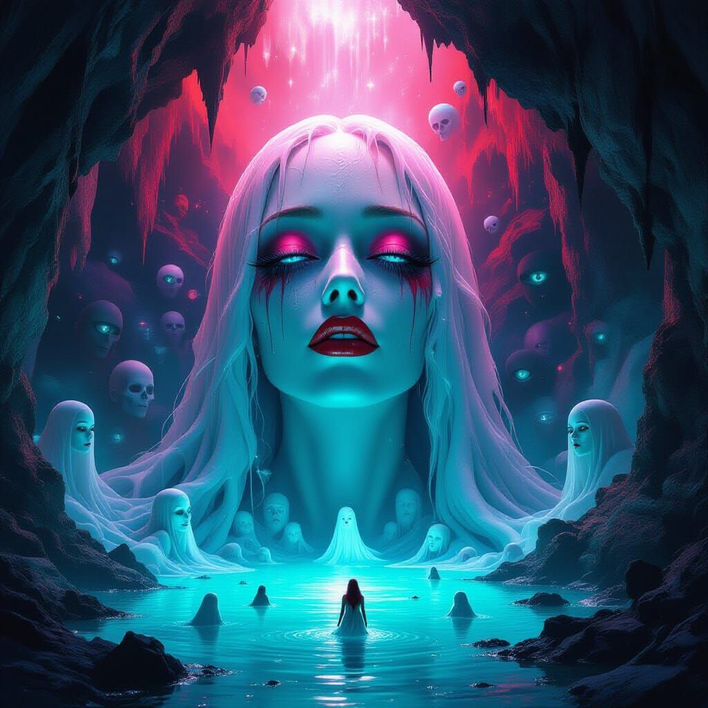 Surreal Cave of Spectral Beings with Neon Glow