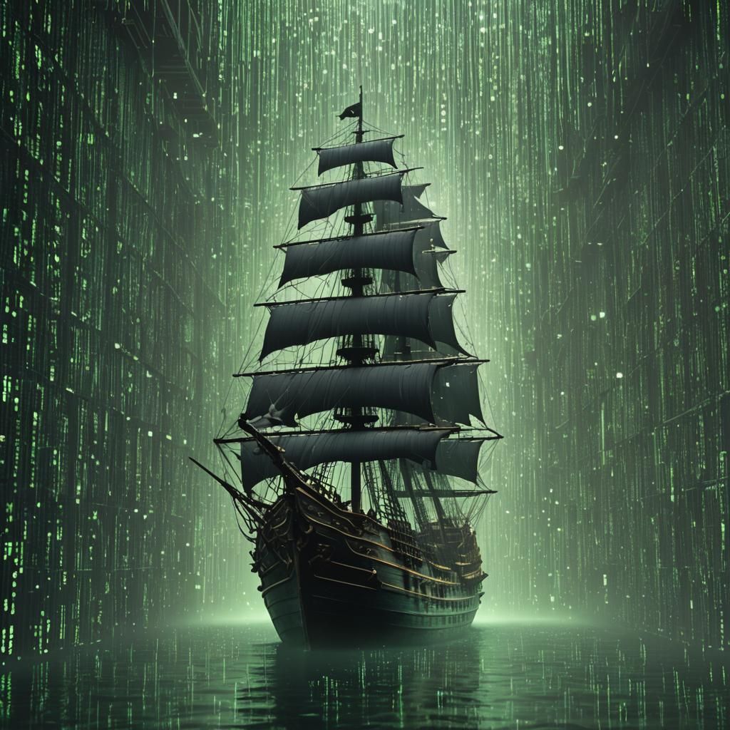 Pirate Ship Navigates Matrix-Style Data Stream