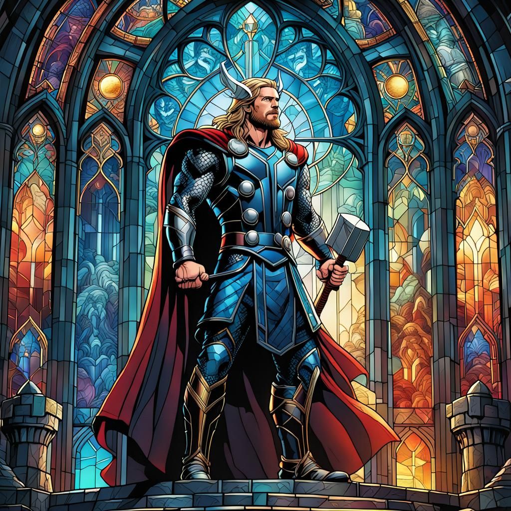 Thor in Stained Glass Castle: Comic Book Art