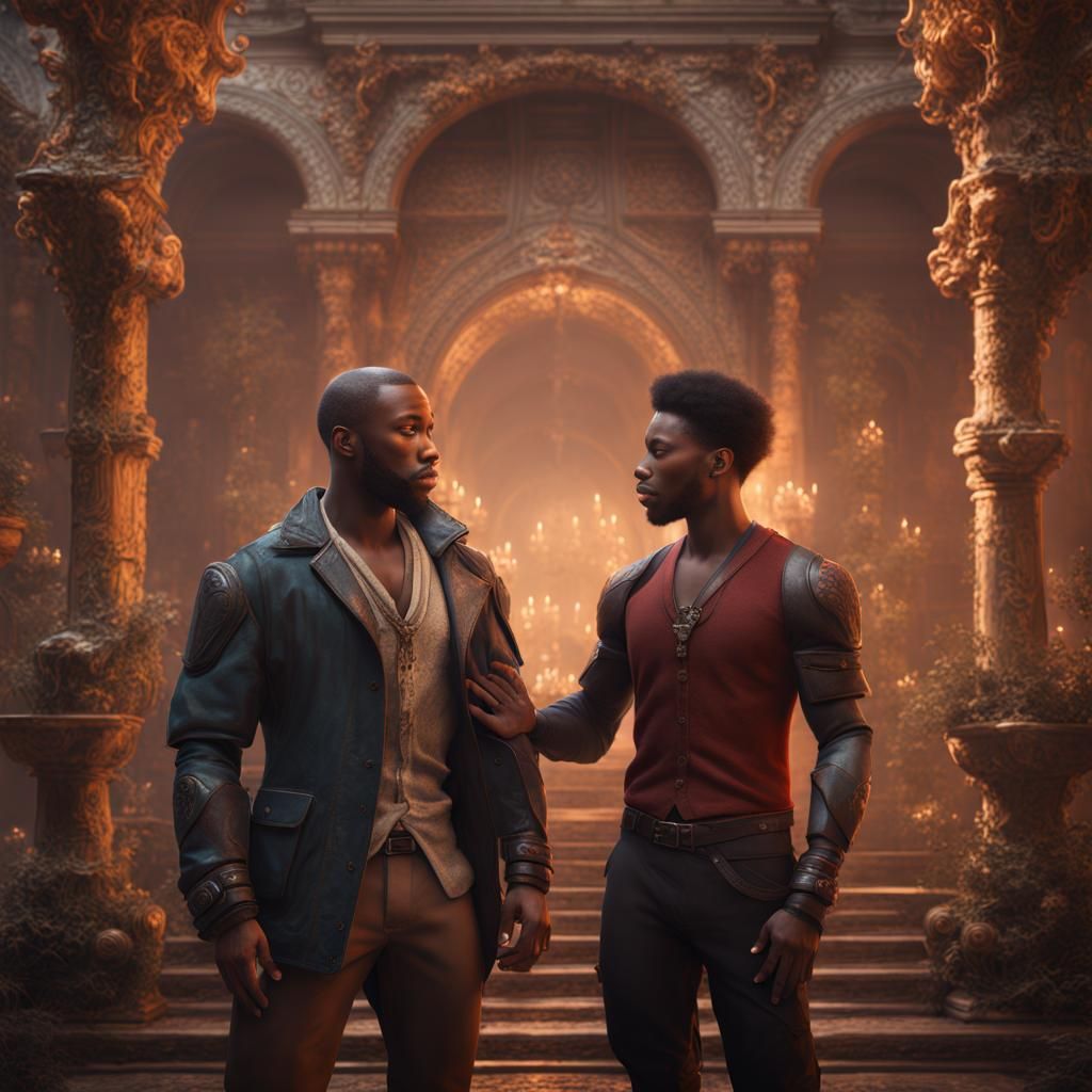 Biracial Men Kissing in the Rain: Digital Art