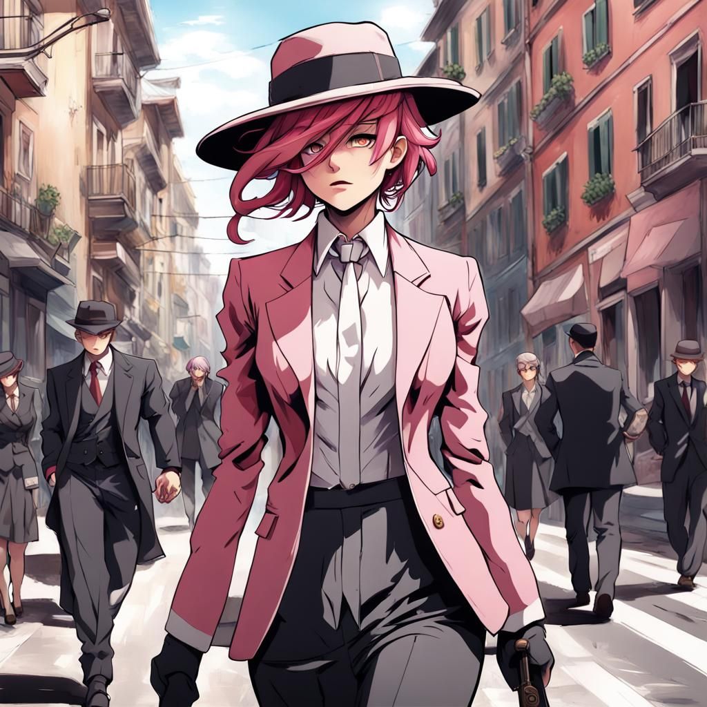 Pink-Haired Mafia Boss in Anime Style
