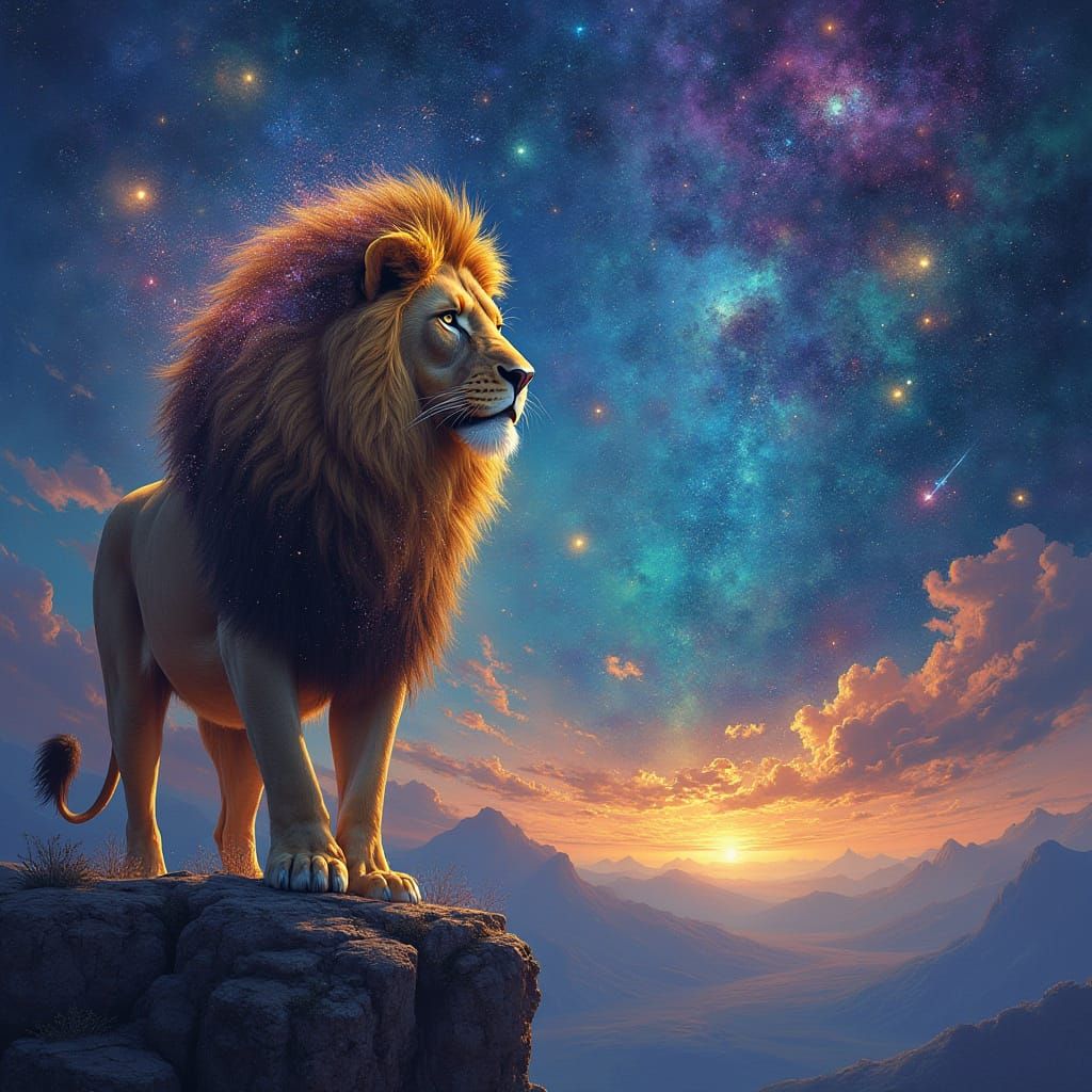 Cosmic Lion Overlooking Galaxy in Surrealist Style