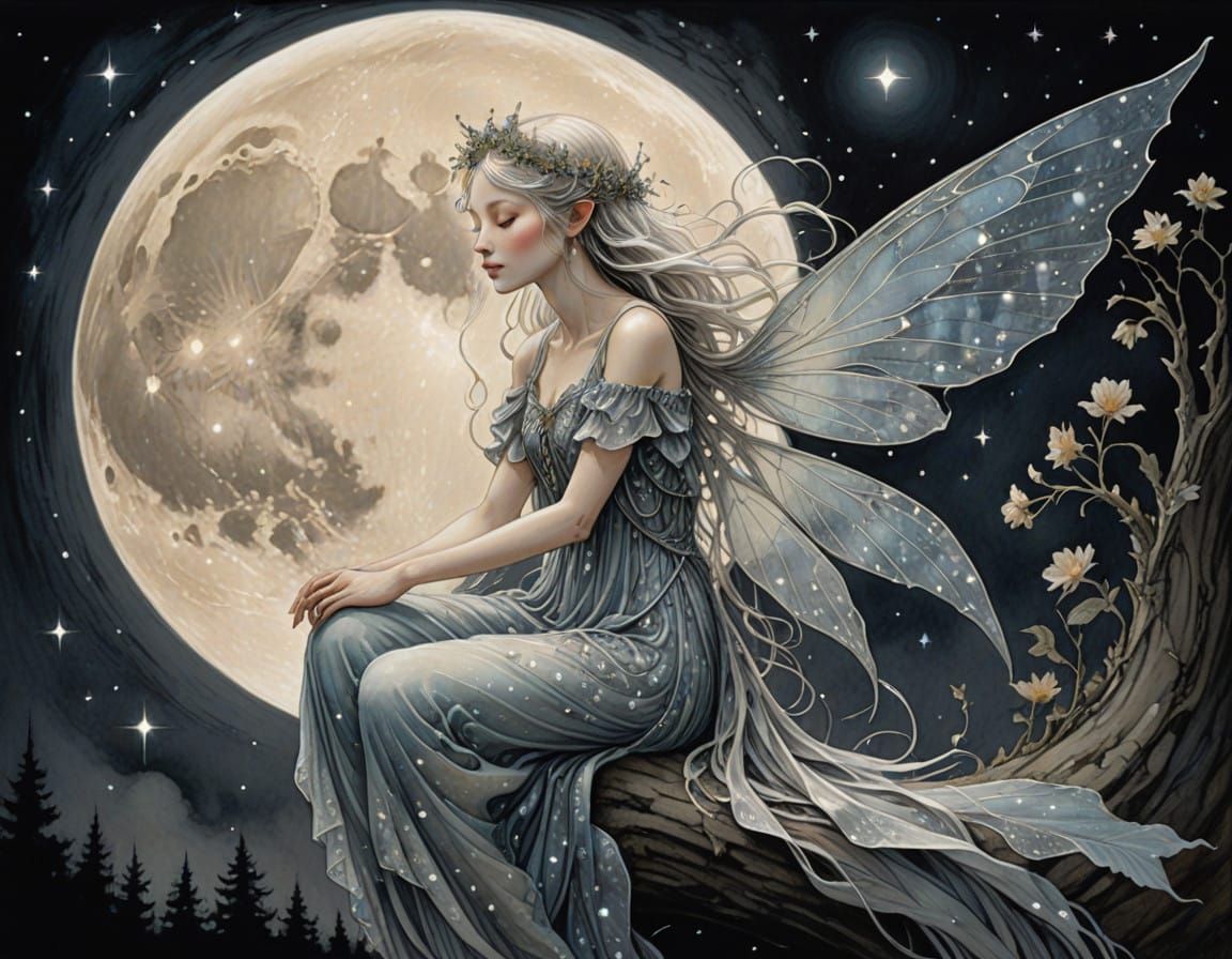 Whimsical Fairy Cleans the Crescent Moon with Gentle Care