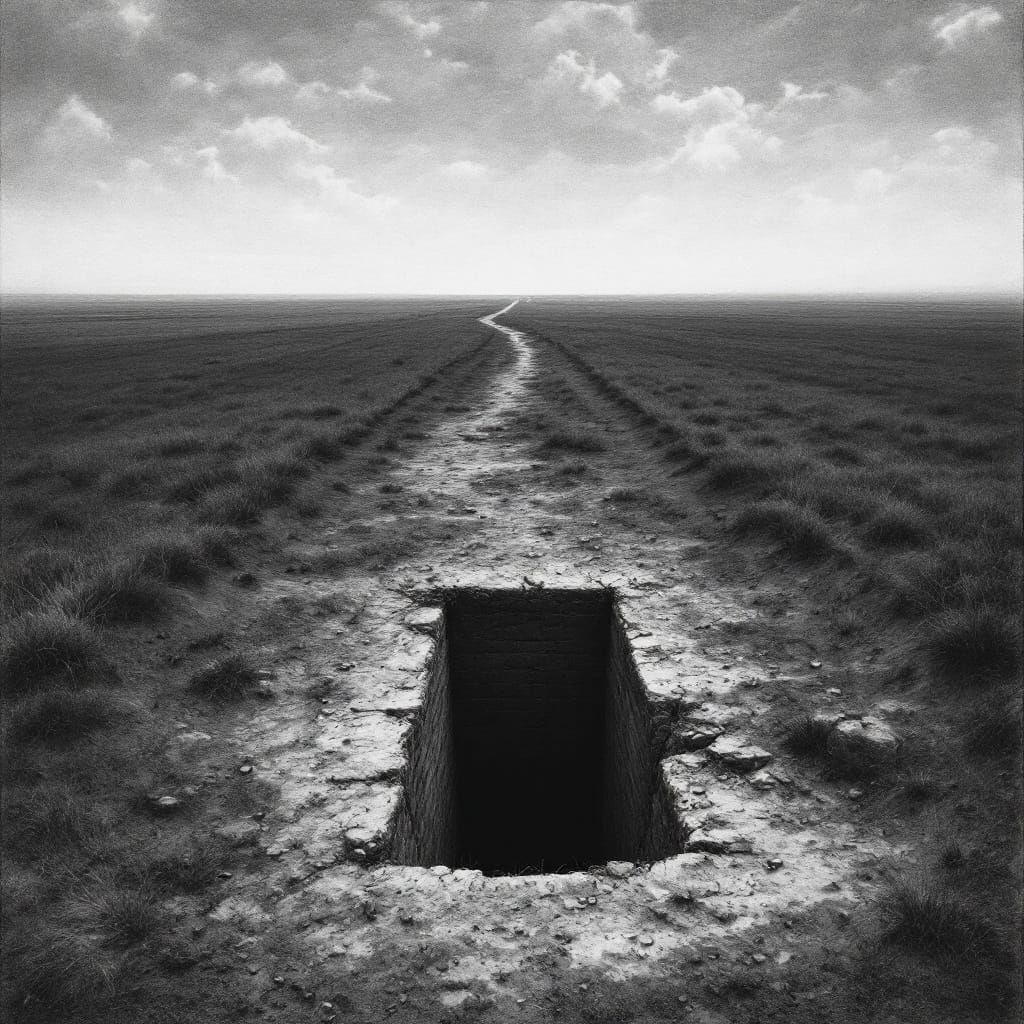 Bleak Field with Cellar Door: Charcoal Drawing