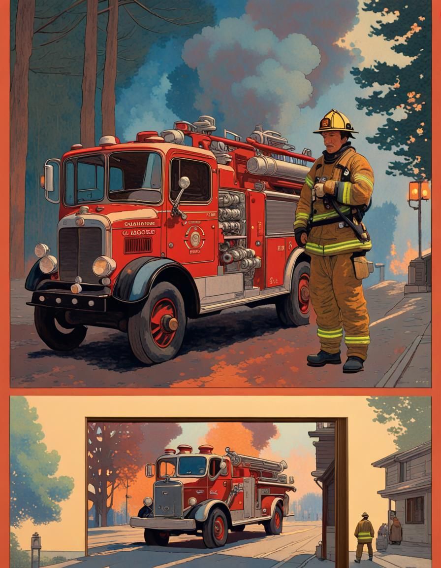 16k resolution, art by Hasui Kawase, Claude Monet, Syd Mead, firefighter in uniform, standing before a vintage fire truc...