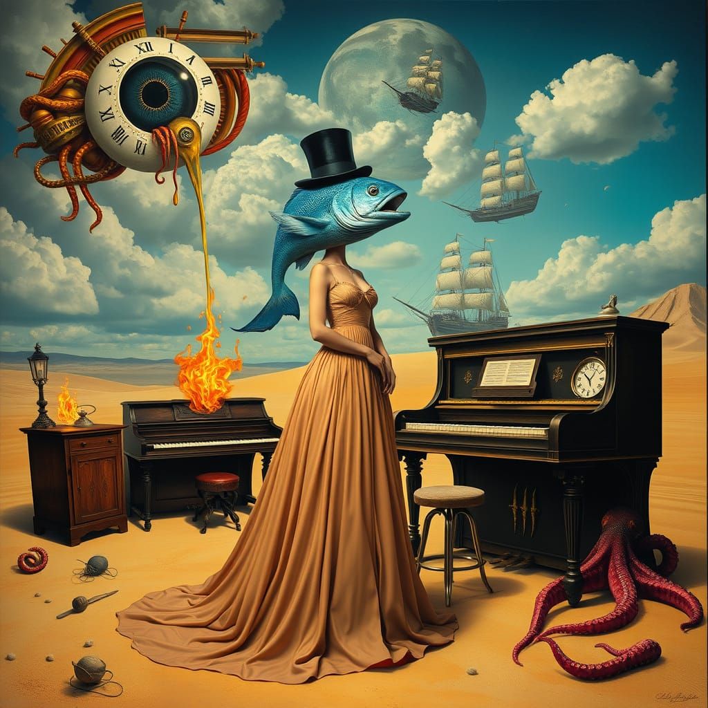 Surreal Desert Dreamscape with Fish-Headed Woman