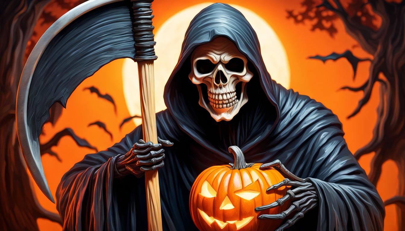 Grim Reaper carving snack O Lantern with his scythe Hyperrealistic, splash art, concept art, mid shot, intricately de...
