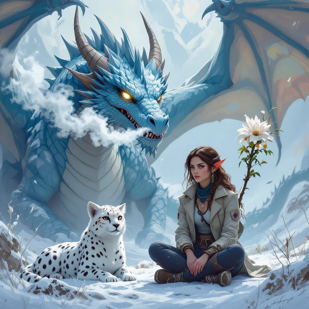 Dragon, Elf, and Demon in Frosty Landscape