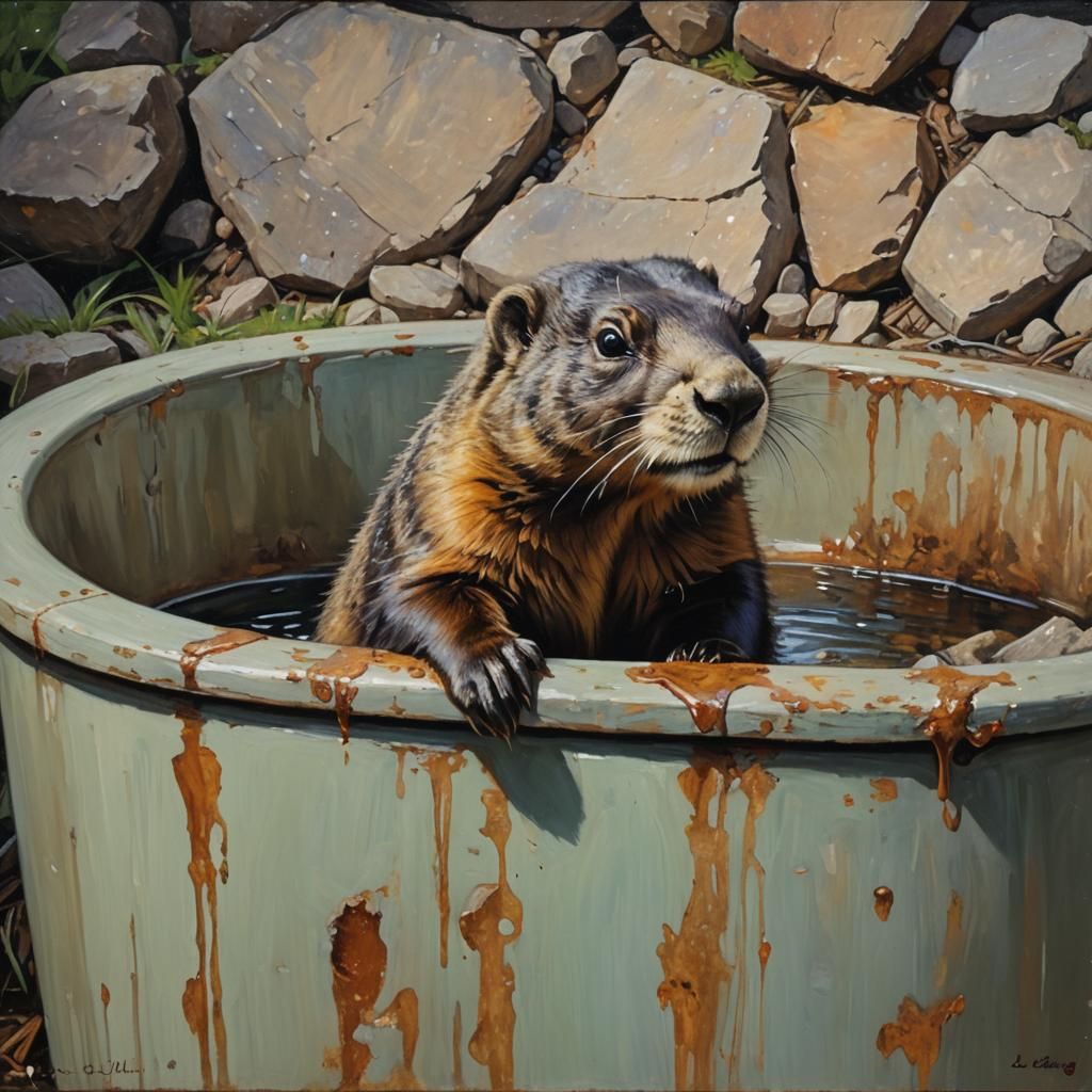 Marmot Relaxes in Tub as Oil Painting