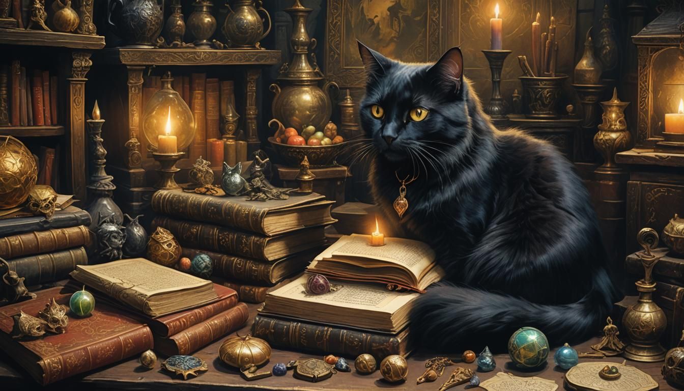 Mystical Black Cat Familiar in Art Nouveau Style