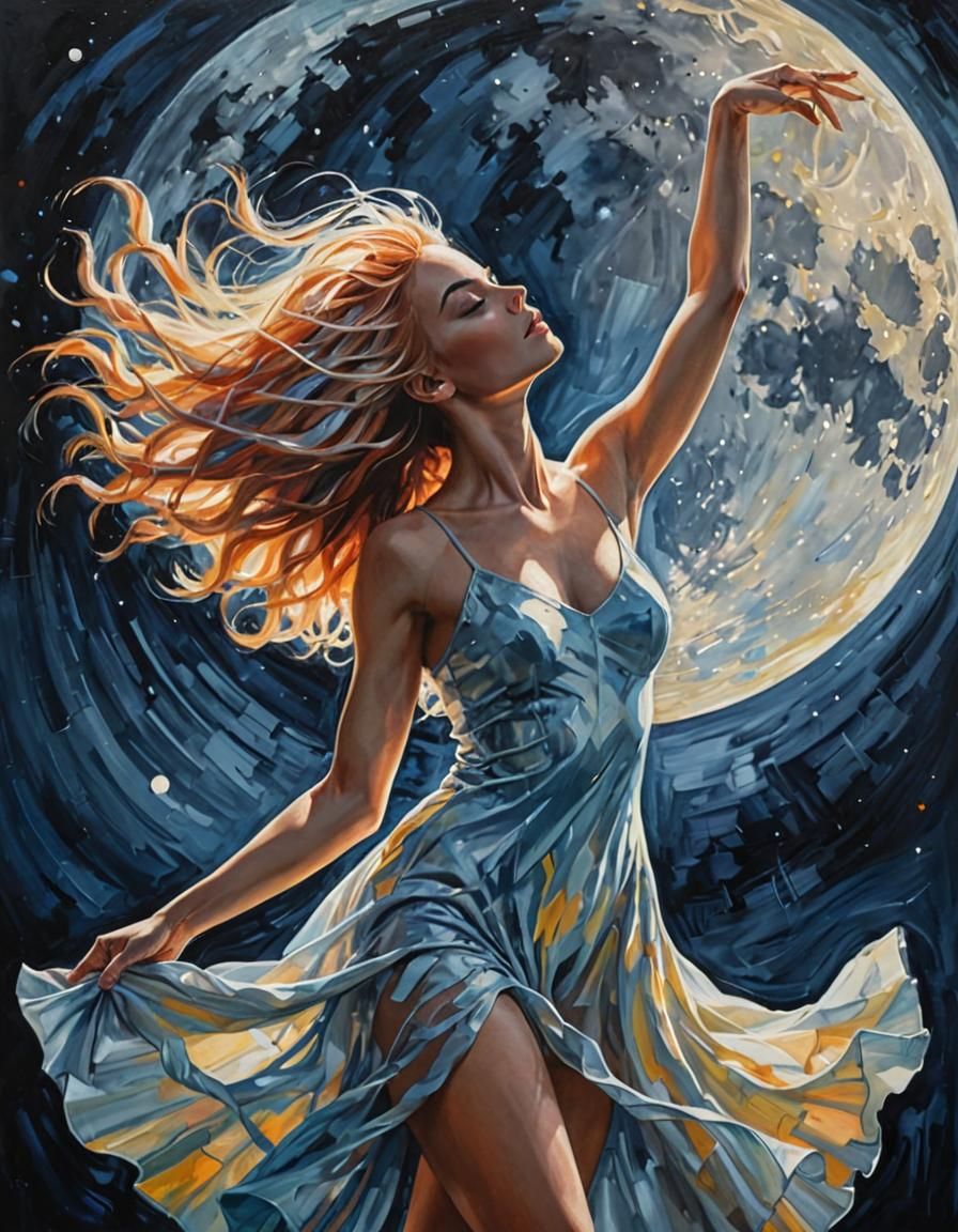 Glowing Woman Dancing Under Moon: Abstract Digital Art