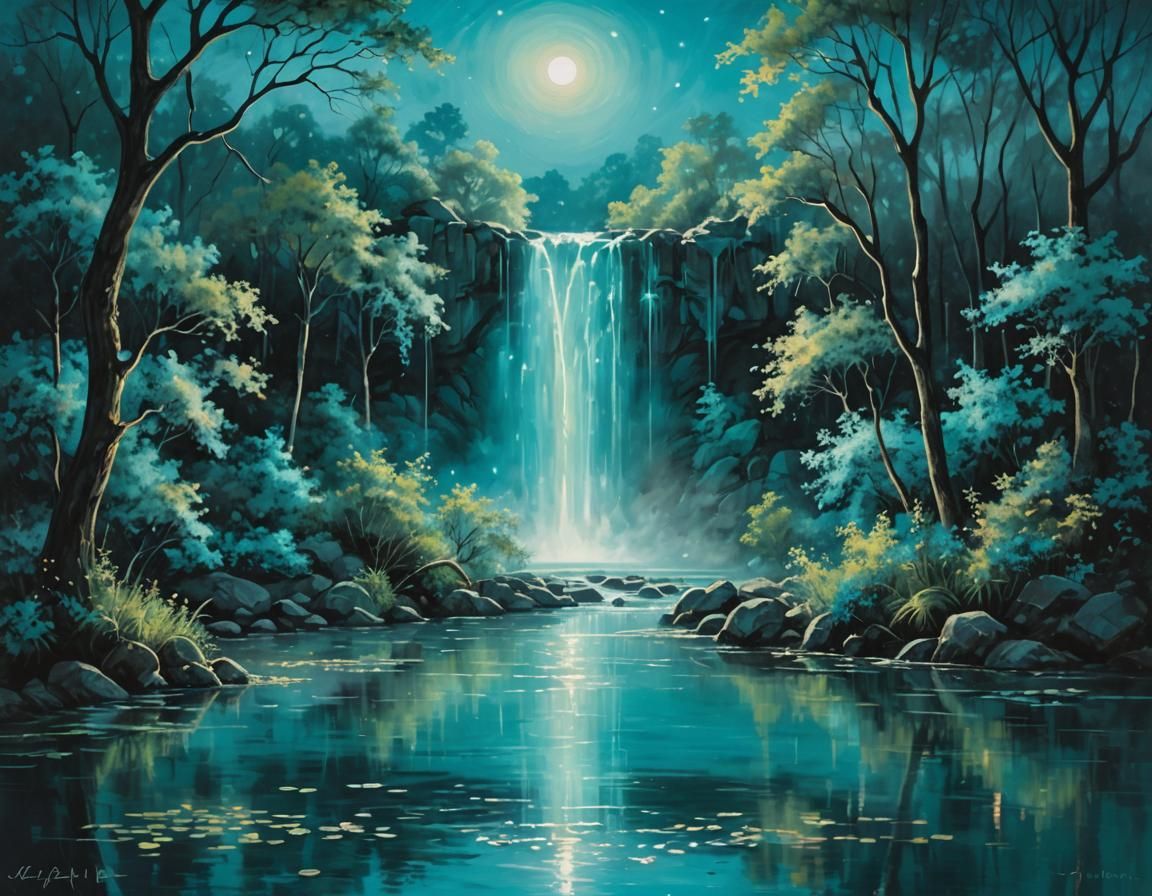 Turquoise Waterfall Under Moonlight: Impressionistic Digital...