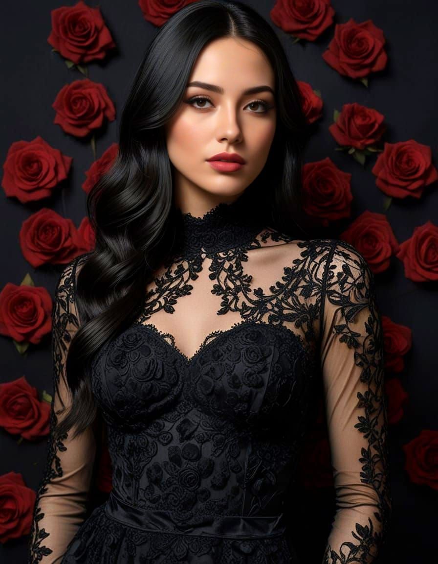 Young Woman in Black Dress Surrounded by Black Roses