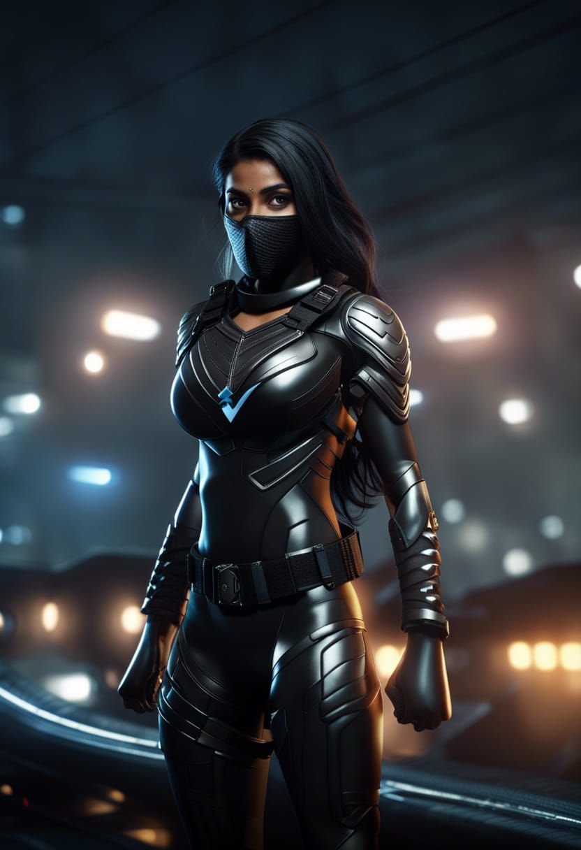 Indian Superheroine in Tactical Armor on Rooftop