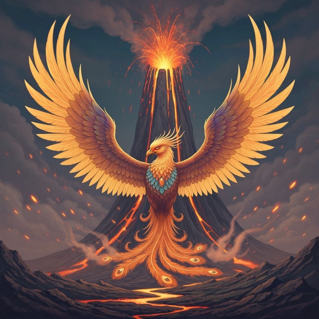 Phoenix Protects Volcano in Vibrant Art Style
