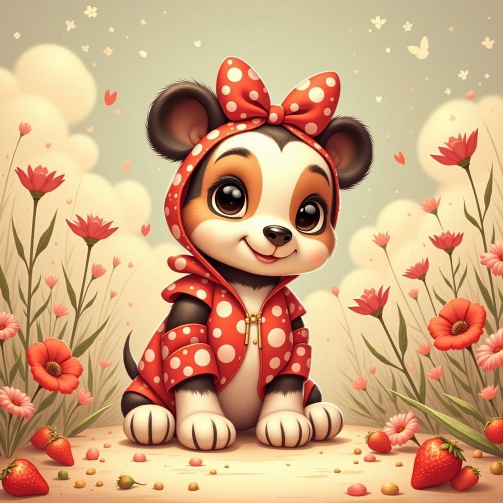 Puppy in Minnie Mouse Costume, Disney-Inspired Art