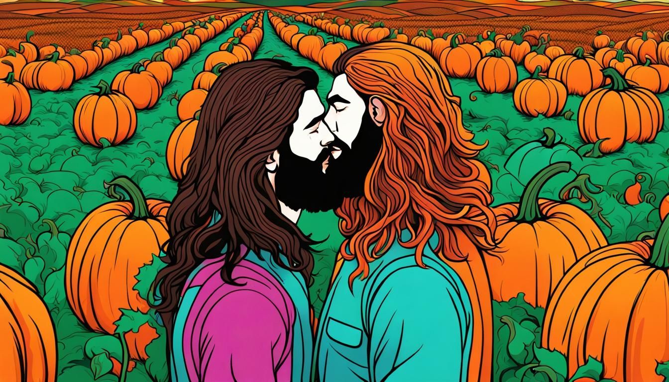 Men Kissing in Pumpkin Patch: Pop Art Style