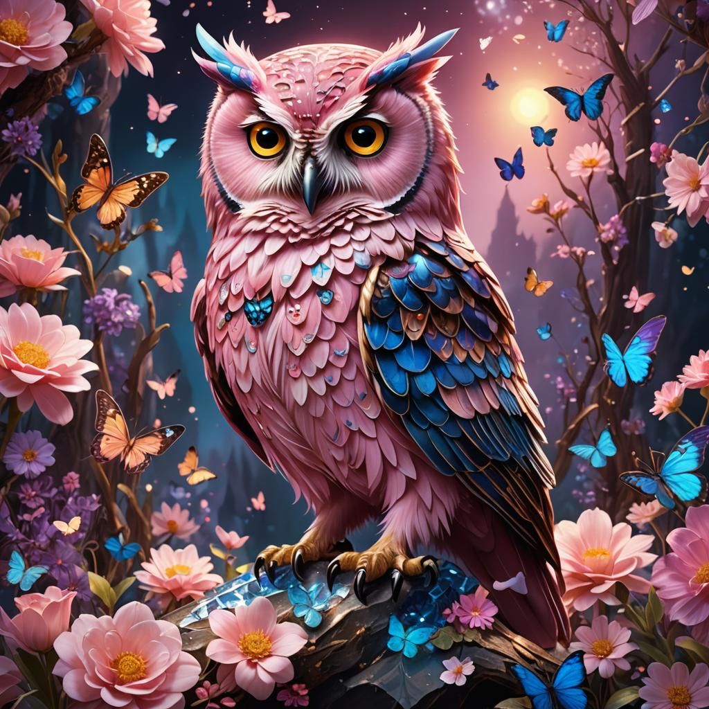 Pink Owl Perched on Crystal in Fantasy Art