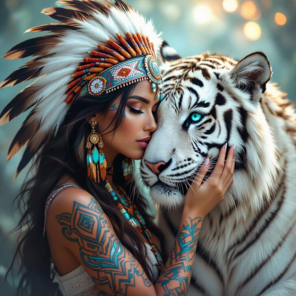 Woman and White Tiger in Mystical Tribal Setting