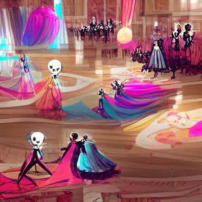 Dancing Skeletons in a Grand Ballroom: Colourful Concept Art