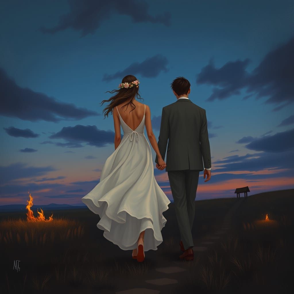 Couple in Twilight Landscape, James Jean Style