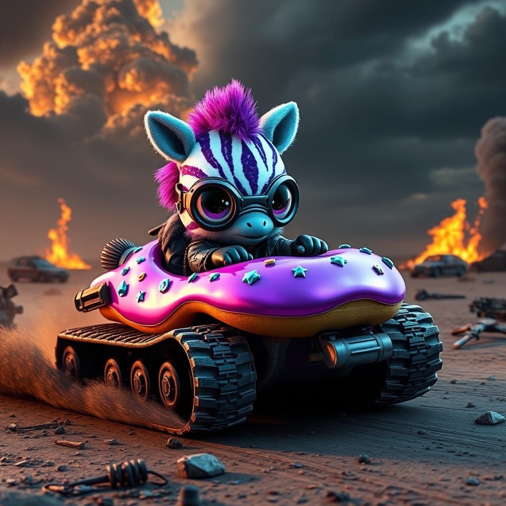 Zebra Alien Races Donut Tank in Apocalyptic Wasteland