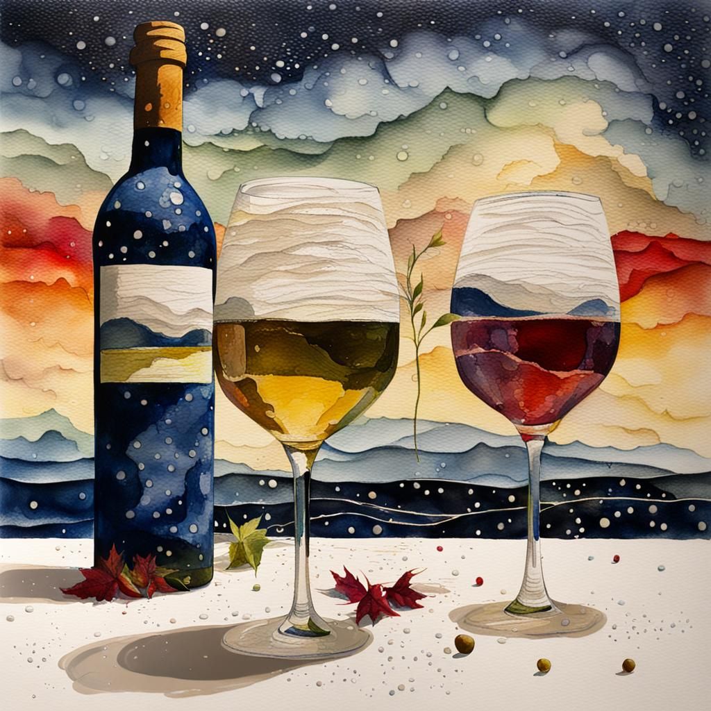 Double Image of Wine Glass and Bottle Against a Wet Watercol...