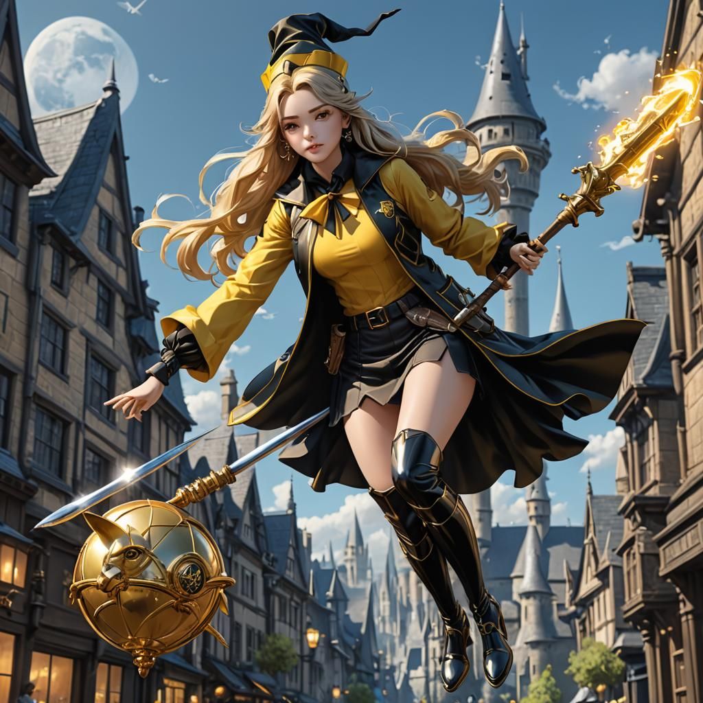 Chrome Hufflepuff Girl on Broomstick: 3D Anime Art