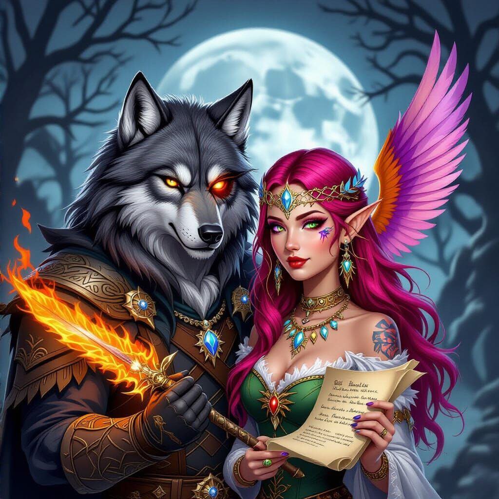 Werewolf Alpha and Elf Princess in Dark Fantasy Art