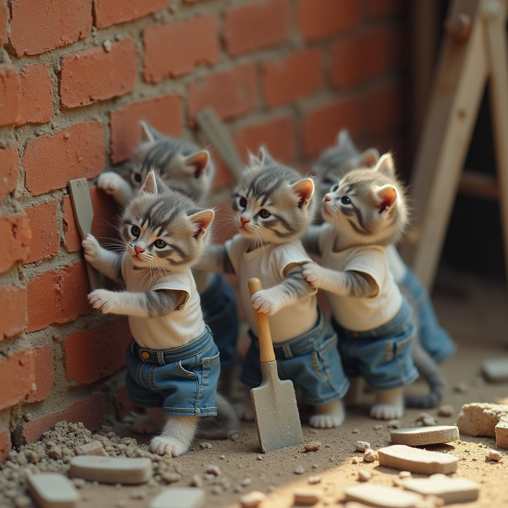 Kittens Building a Brick Wall: Cinematic Film Still