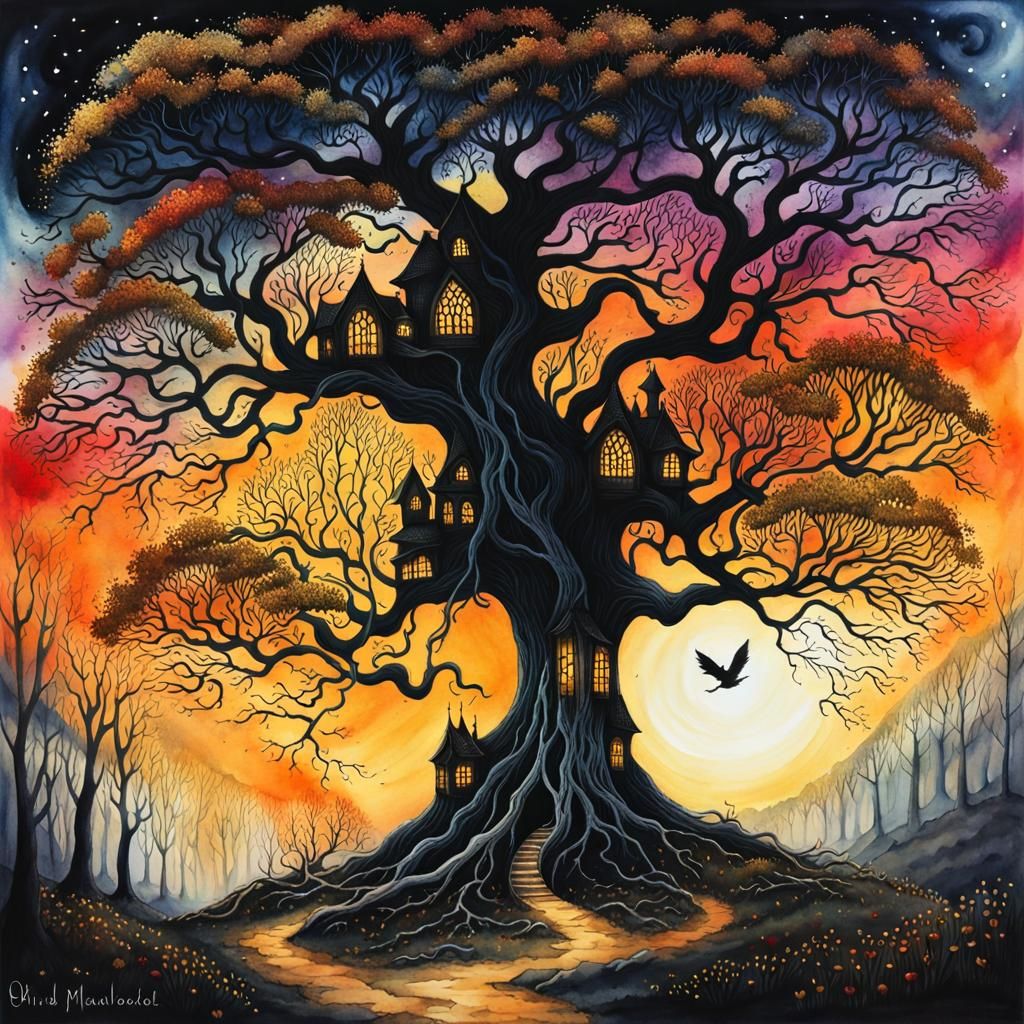 Gothic Tree with Deep Roots Watercolor Painting