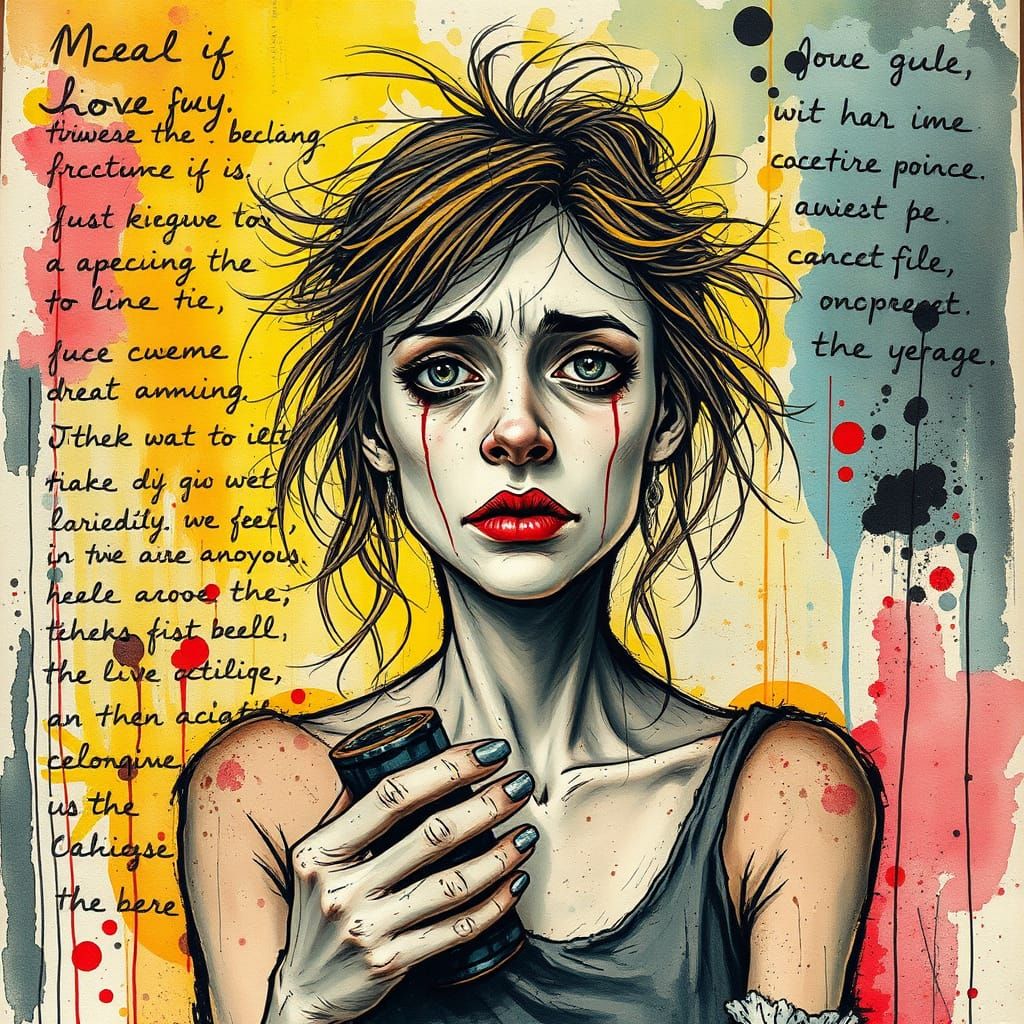 Woman with Object Against Asemic Writing Collage