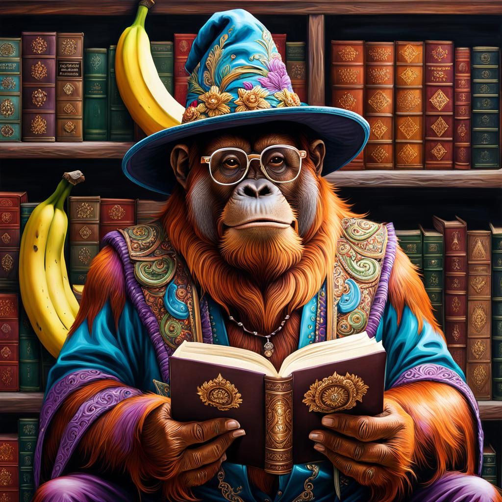 Orangutan Wizard in Magical Library, Graffiti Art