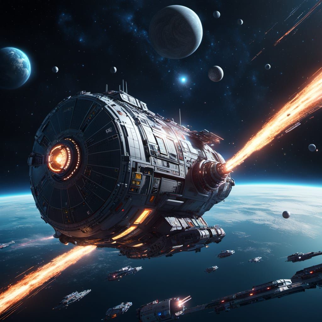 Heavy Transport Resupplies Warship: Sci-Fi Digital Painting