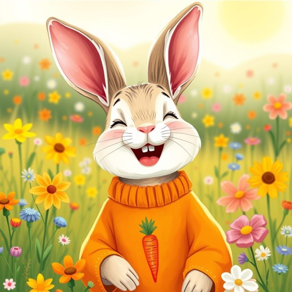 Laughing Bunny in Whimsical Storybook Meadow