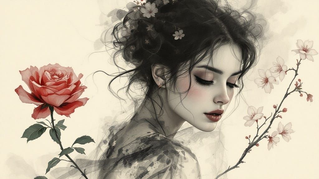 Eastern Rose and Cherry Blossoms in Charcoal Study