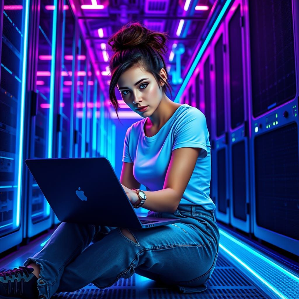 Futuristic Datacenter Scene in Neon Blue Hues