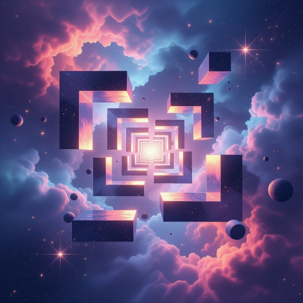 Cosmic Maze of Floating Geometric Shapes
